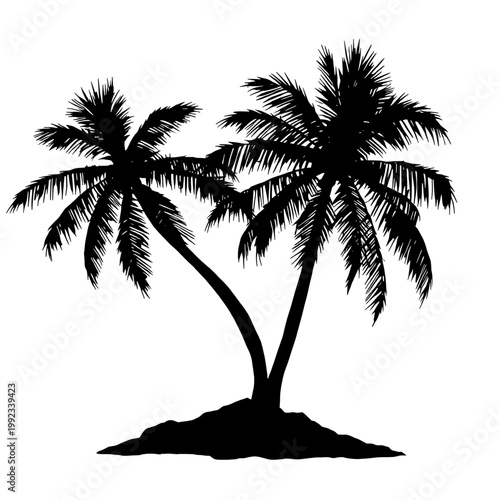 Two tropical palm trees silhouette on a small island, black vector illustration of coconut trees isolated on white background, summer vacation and beach travel design element