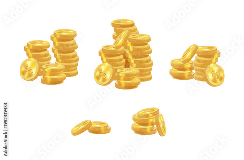 Realistic golden coins pile. Stacks of gold money, cash or treasure. Bank and finance. Investment, profit or gain. Copy space. Vector