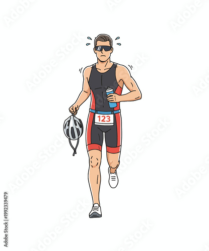 triathlete running with helmet and water bottle vector illustration