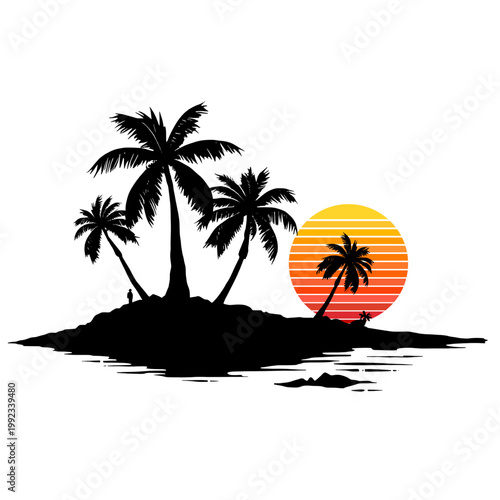 Tropical sunset silhouette with palm trees on a small island, retro 80s sun style vector illustration for summer vacation and travel concepts on white background