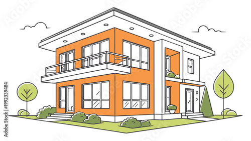 Vector illustration of a modern two-story house exterior with real estate architecture building exterior