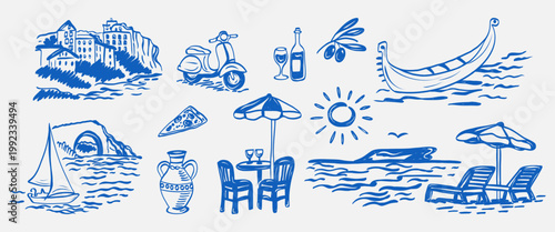 Summer sea doodle vector illustration set. Vector sketch art compositions with beach, scooter, coastal scenery, yacht boat, palm tree, sun, wave for poster, print. 