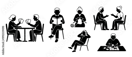 Elderly People Daily Activities Icons Set, Seniors Enjoying Hobbies and Socializing, Vector Illustration of Retired Men and Women Playing Cards, Reading, Knitting, Listening to Music and Doing Puzzles