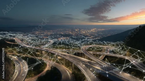 Aerial shot of roads & bridges weaving through trees, city with sky glow in background