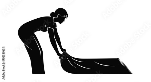 A graceful woman depicted in a striking black silhouette is elegantly arranging a draped fabric on a white background high quality