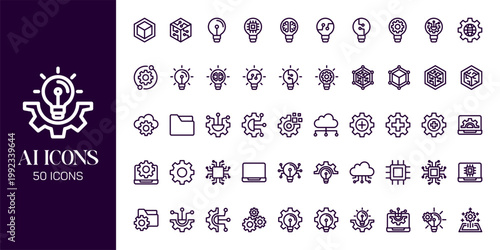 Artificial Intelligence Icon Set with AI Brain, Machine Learning, Robot, Data Network and Futuristic Technology Vector Collection