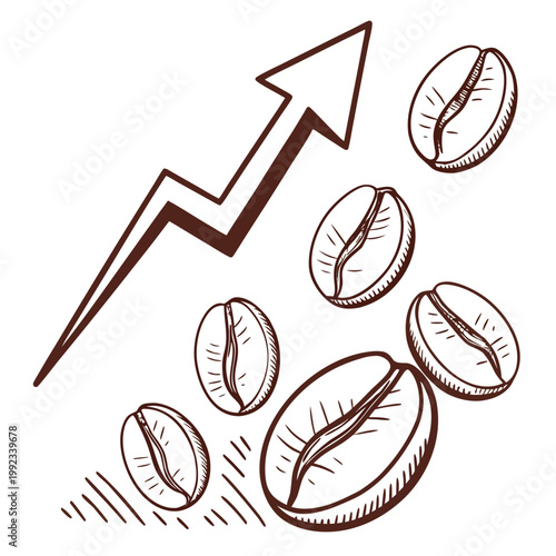 Vector illustration of coffee beans and an upward trending graph with illustration business commodity