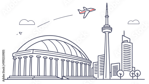 Vector illustration of airplane flying over cityscape with cn tower airplane cityscape cn tower