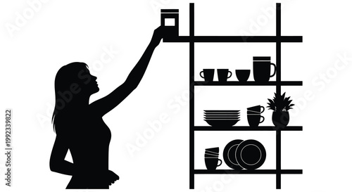 A woman reaches for a jar on a shelf filled with kitchenware depicted in a striking black silhouette high quality professional