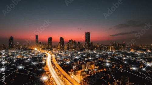 Cityscape at twilight, connected by network lines, above a busy highway with light trails