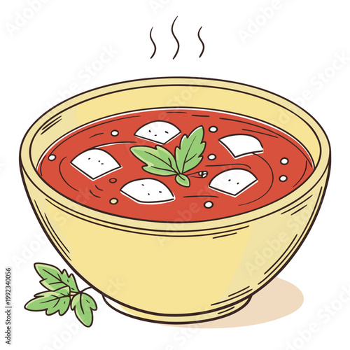 Vector illustration of a steaming bowl of tomato soup with croutons steaming appetizer isolated