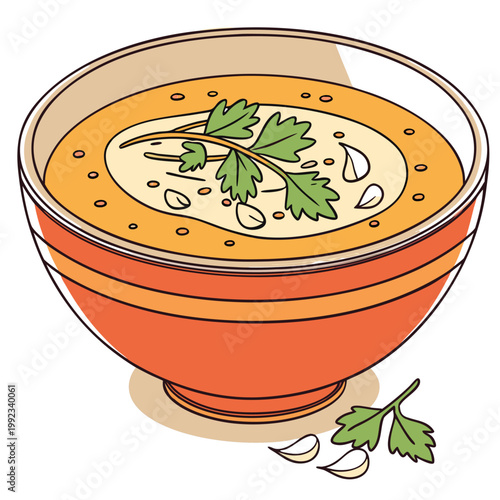 Vector illustration of a bowl of creamy soup with parsley and garlic appetizer illustration isolated