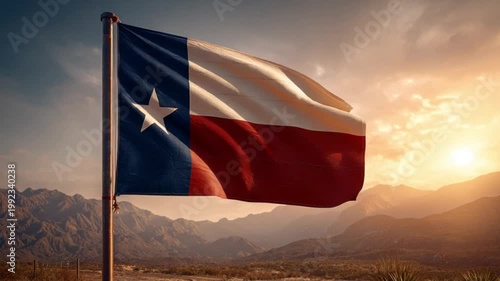 Texas flag waves against sunset backdrop, featuring mountains in the background