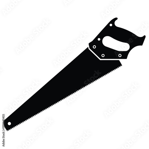 A stark black silhouette of a hand saw showcasing its blade and handle design silhouette