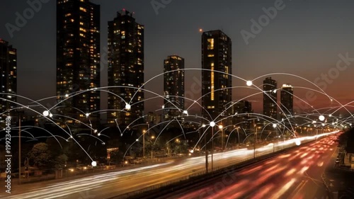 Long exposure city skyline at night, illuminated by car lights and network connection