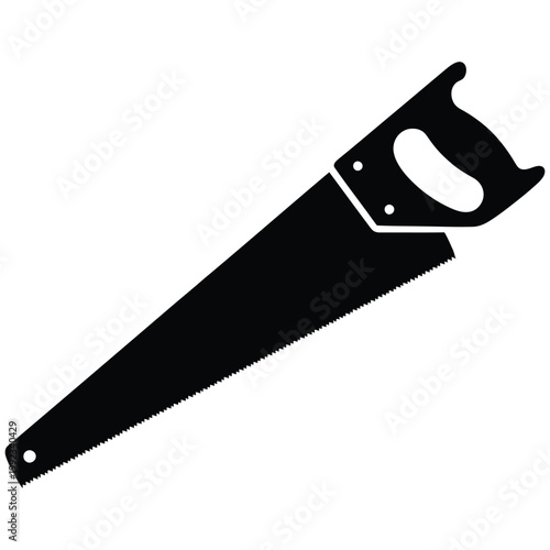A stark black silhouette of a hand saw positioned diagonally against a neutral background silhouette
