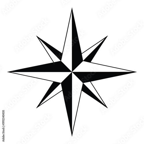 A striking black and white star compass rose design showcasing navigational direction as a silhouette