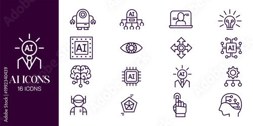 Artificial Intelligence Icon Set with AI Brain, Machine Learning, Robot, Data Network and Futuristic Technology Vector Collection