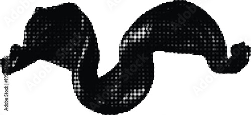 Minimalist black halftone stroke with wavy fluid motion and distressed dotted texture isolated on transparent backdrop.