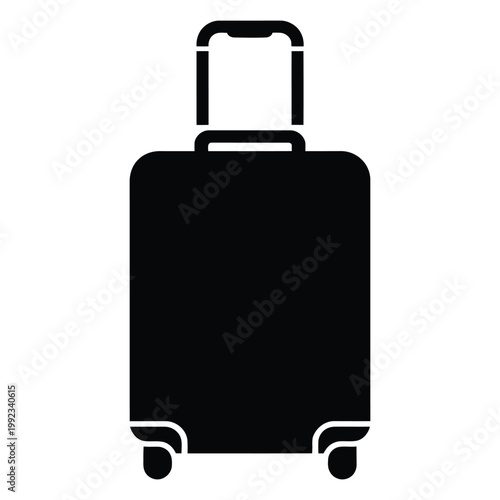 A stark black graphic depicts a wheeled suitcase highlighting travel and mobility silhouette