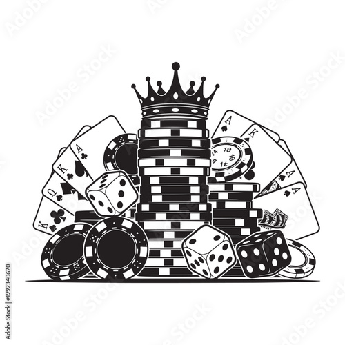 Monochrome casino design featuring gambling chips, cards, dice, and a crown vector illustration.