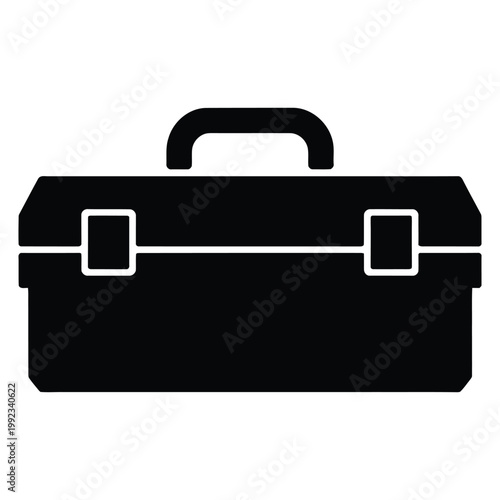 A simple black graphic depicts a closed rectangular toolbox with a handle a distinct silhouette