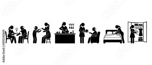 Elderly Caregiver Stick Figure Icons Set, Professional Healthcare Assistant Helping Senior Patient With Daily Living Activities, Medical Nursing Support and Home Assistance Vector Graphics Collection