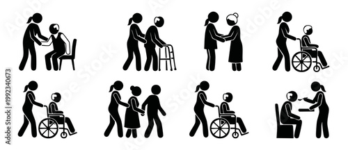 Elderly Caregiver Assistance Icons Set, Senior Help Support Symbols and Healthcare Services Vector Illustration, Nursing Home Patient Assistance with Wheelchair, Walker and Feeding for Medical Graphic