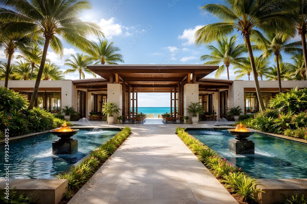 Fototapeta premium Luxury Tropical Resort Entrance with Ocean View