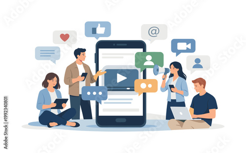 Digital communication scenario where individuals connect, share content, and engage with audiences through modern online platforms in a dynamic environment, symbolized by