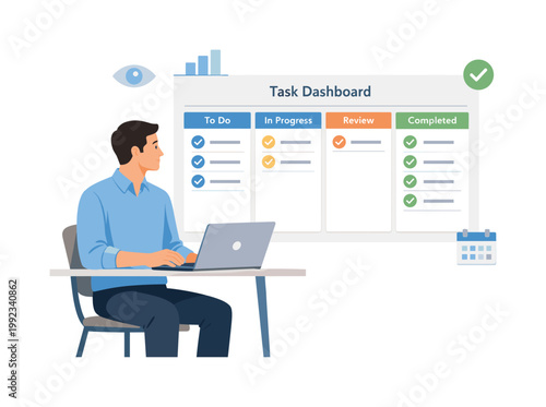 A professional maintaining organized digital task monitoring in a structured routine, seated with a laptop while interacting with a simple status dashboard panel and