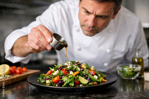 Chef pouring dressing on a fresh salad with vegetables and feta cheese on a black plate in a kitchen