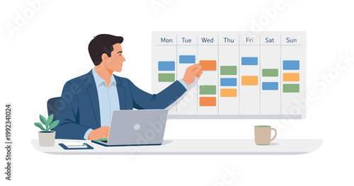 A professional planning weekly priorities in a structured work routine, sitting at a desk with a laptop while arranging a simple calendar panel with balanced time blocks