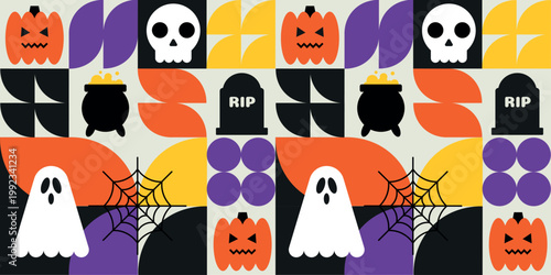 Halloween banner with ghost pumpkin skull spider web cauldron and geometric shapes retro modern style colorful background for seasonal design