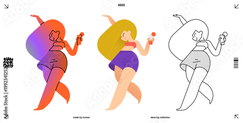 Woman Character Dance at A Party or Concert with Cartoon People for A Summer Beach Club. A Young Female Dancer with A Drink in A Flash of LGBT Rainbow and Music Background for A Cheerful Night.