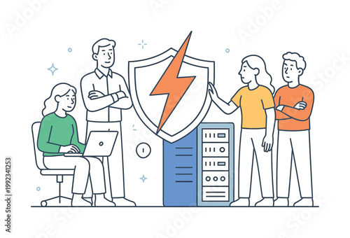 A cybersecurity and data protection scenario where a company safeguards sensitive information from sudden digital threats, represented by a minimal composition of a