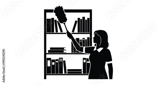 A woman dusts books on a shelf in a black and white graphic presenting a striking silhouette high quality professional detailed