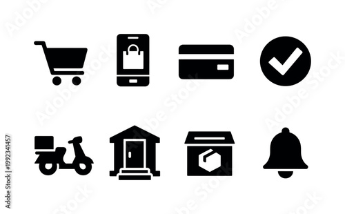 Online order delivery: shopping cart, mobile order app, payment card, confirmation checkmark, delivery scooter, home doorstep, parcel drop box, notification bell.