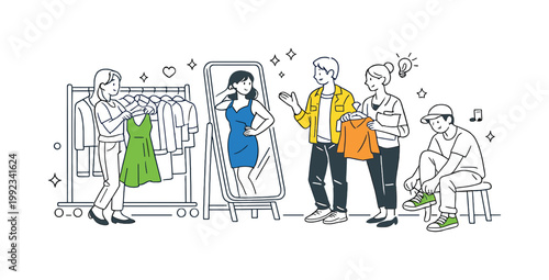 Personal styling process where an individual selects and coordinates outfits to express identity and confidence, represented by a clothing rack and a full-length mirror