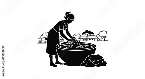 A woman washes clothes in a stone basin against a backdrop of rural african huts depicted as a silhouette high quality