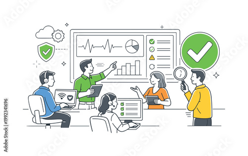 A digital monitoring and performance oversight scene showing a small team supervising systems around a large dashboard and a check indicator, using a clean visual