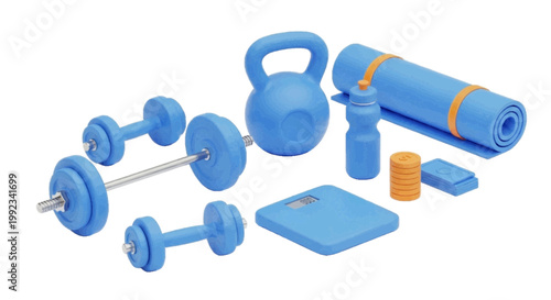 Vector illustration of set of fitness equipment including dumbbells, kettlebell, and yoga mat on a transparent background