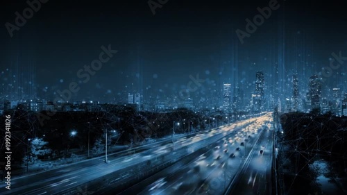 A city skyline at night with light trails and digital network overlays in cool tones