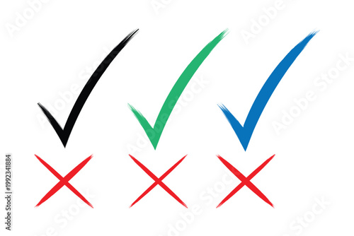 Grunge brush stroke black green and blue check mark and cross sign icon set on white background tick and x symbol vector illustration