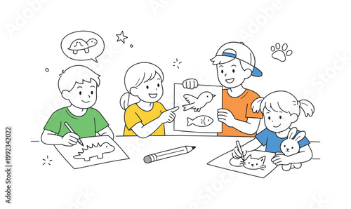Educational and creative activities in a lifestyle or learning setting where simple drawings help explore animal shapes and imagination, visualized through two or three