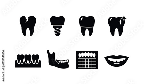 Oral health and treatment: cavity tooth, implant screw tooth, crown cap, whitening sparkle tooth, gum line, jaw outline, dental chart, smiling mouth.