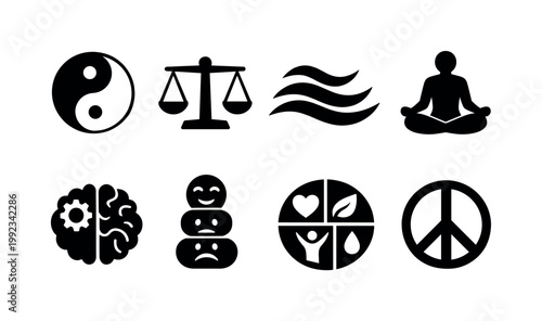 Emotional balance: yin yang, scale balance, breathing waves, meditation pose, brain harmony, mood chart, wellness circle, peace symbol.