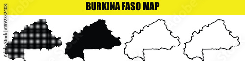 Four variations of burkina faso map outlines, including dotted, solid, and line styles