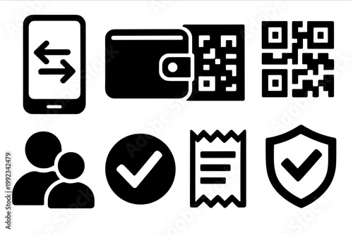 Instant Money Icons. Instant Money Transfer silhouette set: smartphone with arrows, wallet app, QR code, payment confirmation, user avatars, success checkmark, transaction receipt,