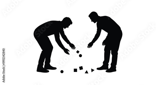 Two men in a dynamic pose appear to be playing with blocks creating a striking visual silhouette high quality professional detailed